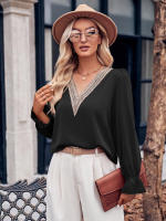 Blusa de retazos de encaje hueco para mujer, elegante camisa de manga larga para oficina, Tops elegantes sólidos sueltos, ropa de moda de otoño - details 6