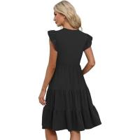 Vestido midi con cuello en V, manga de volantes de loto, empalme y bolsillo tipo péndulo para mujer 2025 - details 2