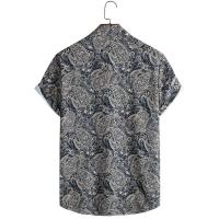 Patrón de plantas informal para hombre, camiseta de manga corta con cuello enrollado no elástico, abotonada, ropa de verano para hombre - details 1