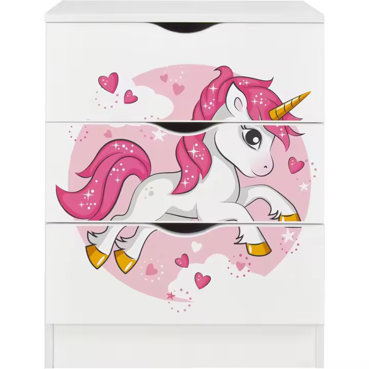 Blanca Mesita con cajones, Armario de Dormitorio, Estilo escandinavo, para la habitación de los niños, Dim: 60 x 42 x 78 (H) cm (Unicornio) - 1