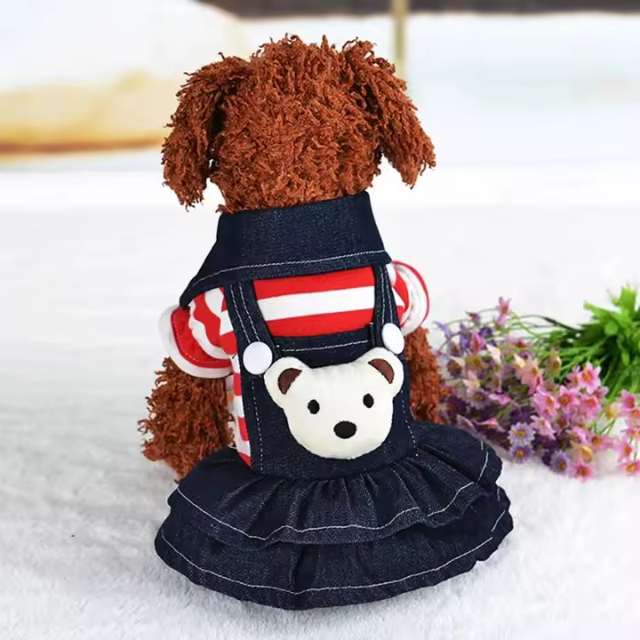 Vestido de Algodón a Rayas para Mascotas Falda Denim con Correas para Perros y Gatos - 1