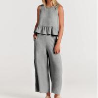 Traje casual para mujer con bordes con volantes y conjunto de dos piezas suelto de lino de algodón sin mangas de color sólido - details 1