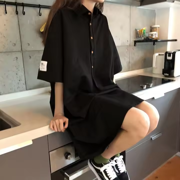 Vestido Polo de talla grande para mujer, camiseta de manga corta con cuello de camisa y longitud por debajo de la rodilla, color negro, cintura holgada coreana para verano - 1