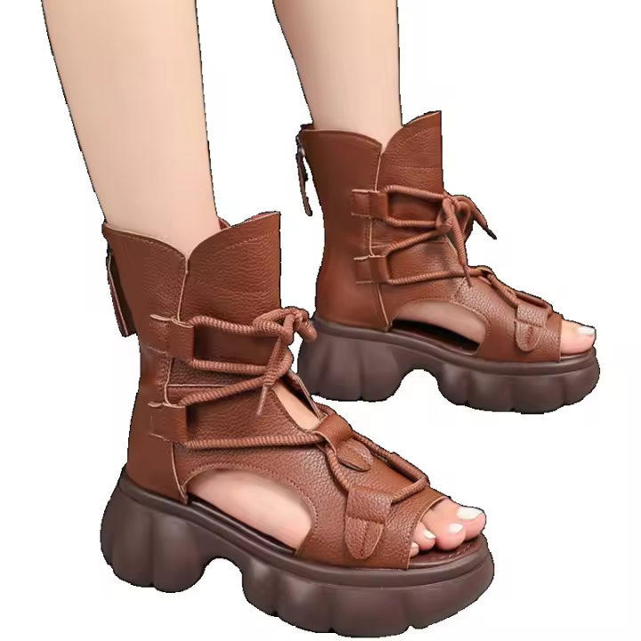 Botas retro de cuero de vaca para mujer 2025 verano Sandalias romanas con suela gruesa y con agujeros - 1