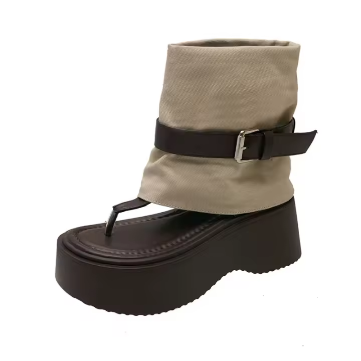 Botas Cortas Retro para Mujer Versión Coreana con Suela Gruesa, Cinturón con Rebloque, Punta de Botas Redonda - 1