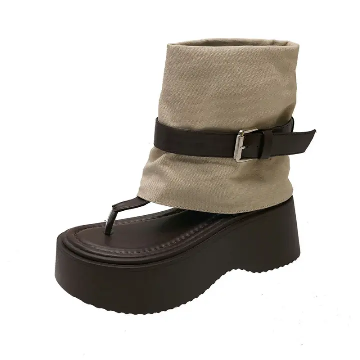 Botas Cortas Retro para Mujer Versión Coreana con Suela Gruesa, Cinturón con Rebloque, Punta de Botas Redonda - 1