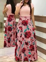 Vestido de manga corta a juego con estampado de flores de estilo europeo y americano para mujer, falda con vuelo grande, 2024 - details 0