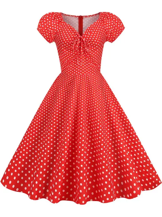 Vestido de fiesta midi informal de manga corta con cuello en V y estampado de puntos vintage elegante para mujer - 1