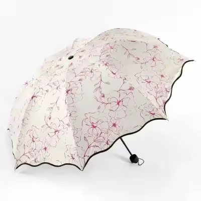 Nuevo Paraguas con borde ondulado para niñas protección UV revestimiento negro flor de hibisco princesa moda - 1