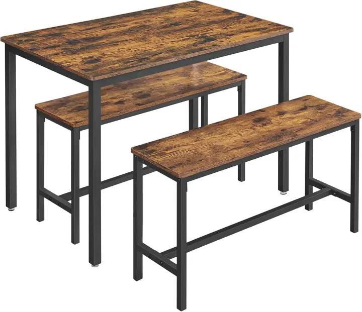 Conjunto de Mesa de Comedor y 2 Sillas, Juego de 3 Piezas, Mesa de 70 x 110 x 75 cm, 2 Taburetes de 30 x 97 x 50 cm Cada Uno, Estructura de Acero, Marrón Rústico y Negro KDT070B01 - 1