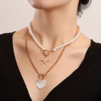 Joyería de moda de doble capa de estrella de mar amor collar de madre para mujer versátil Y2k estilo de collar de perlas - details 0