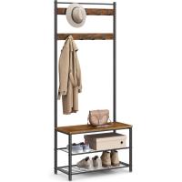Perchero con estante para zapatos, mueble de entrada con banco, 3 en 1, estructura de acero, para entrada y pasillo, 32 x 70 x 177 cm, estilo industrial, marrón rústico y negro HSR41BX - details 0