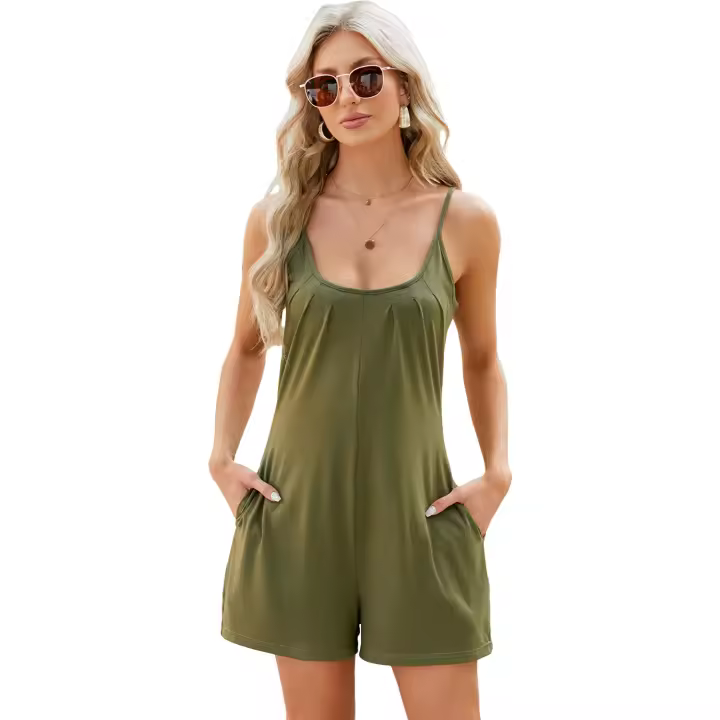 Tirantes para mujer, Pantalones cortos informales de una pieza, Mono de bolsillo suelto de color sólido, Primavera y Verano - 1
