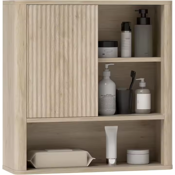 Armario de Baño de Pared Natural Diseño de Perfil Curvo Estantes Ajustables Puerta Corredora - 1