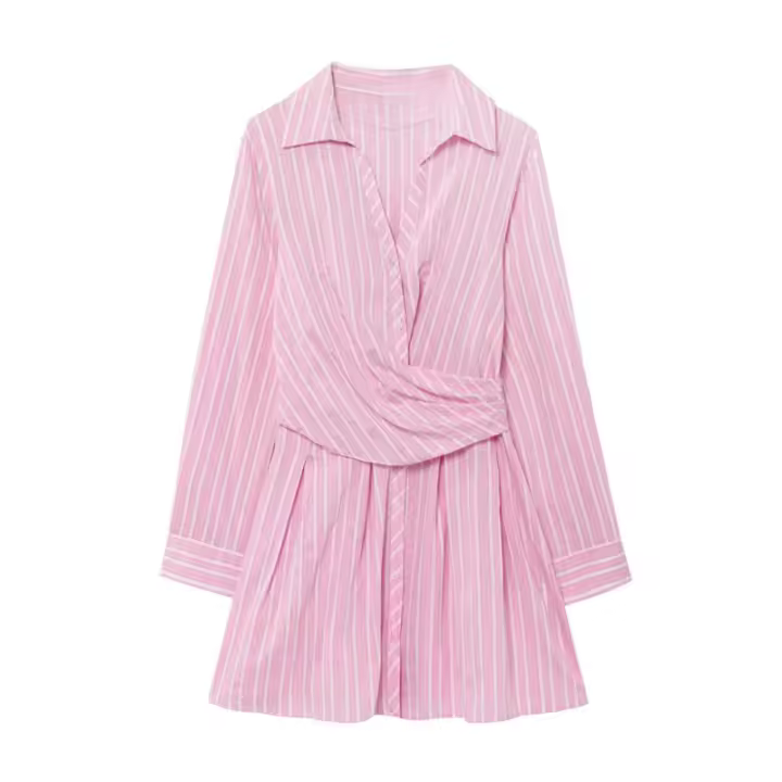 BUNO-novedad de verano coreano para mujer, estilo de moda, minivestido versátil de manga larga con cuello en V a rayas rosas - 1