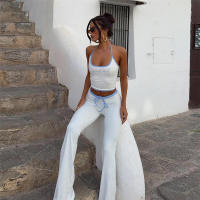 BUNO-Conjunto de 2 piezas con estampado de letras de gato extraño para mujer, Tops cortos ajustados con cuello Halter + pantalón acampanado elástico con cordón, trajes sencillos informales para vacaciones - details 3