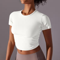 Hamidou-camisetas deportivas ajustadas de manga corta para mujer, Tops atléticos de color sólido para entrenamiento, gimnasio, correr, ropa deportiva - details 12