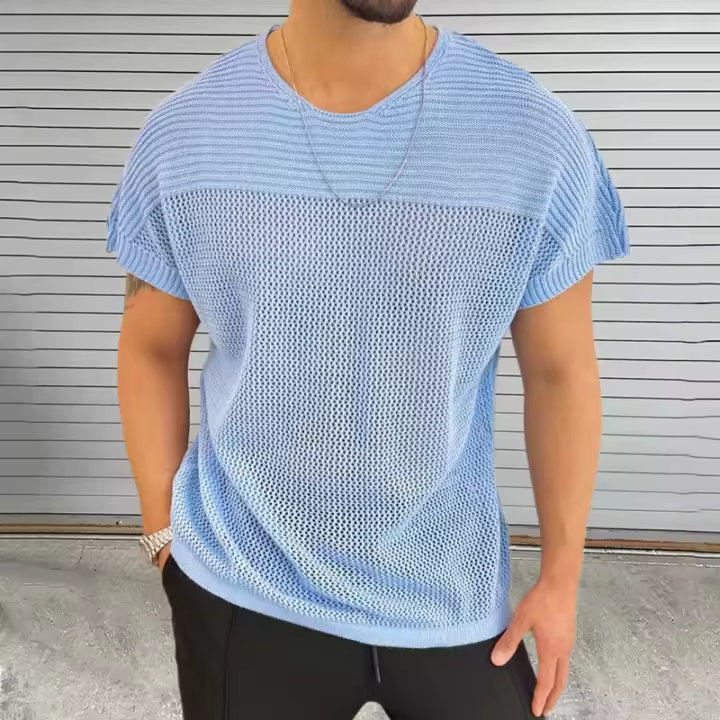 Camiseta de punto para hombre, verano 2025, tejido de algodón transpirable, cuello redondo, manga corta, ligera. - 1