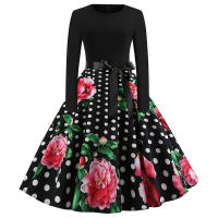 Women dot print party elegant vintage swing long sleeve dress - details 21