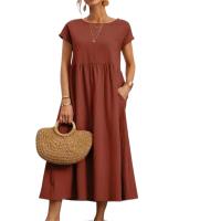Vestido suelto sin mangas de algodón y cáñamo con bolsillo color sólido - details 2