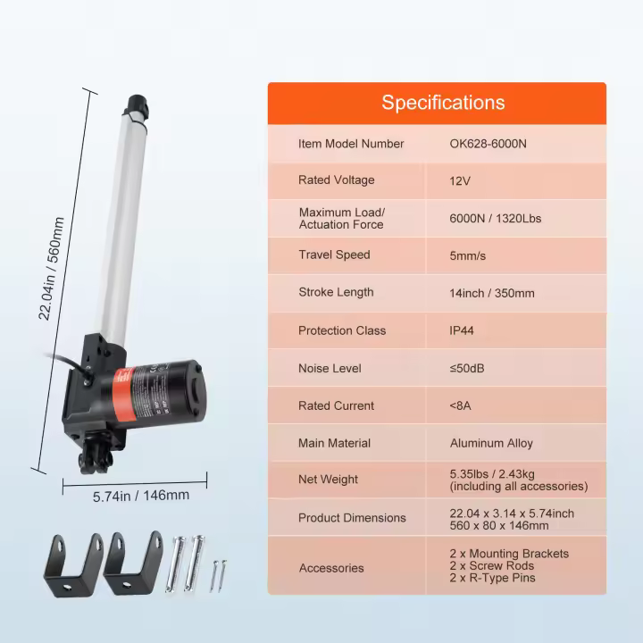 SucceBuy Actuador lineal de 12 V, 14 pulgadas de alta resistencia, 1320 lbs/6000 N, actuador de movimiento lineal de 0,19 "/s con soporte de montaje y protección IP44 para puertas eléctricas, maquinaria industrial, embarcaciones, carga - 1