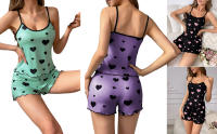 Conjunto de pijama de verano para mujer, Tops con cuello Halter y pantalones cortos con estampado de corazones, ropa de dormir para el hogar - details 6