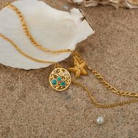 Collar con colgante de estrella de mar de doble capa – Gargantilla de acero inoxidable con perlas huecas y piedra natural para mujer - details 1
