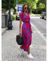 Vestido de manga corta para mujer, estampado de tiras, cuello en V, medio largo - details 3