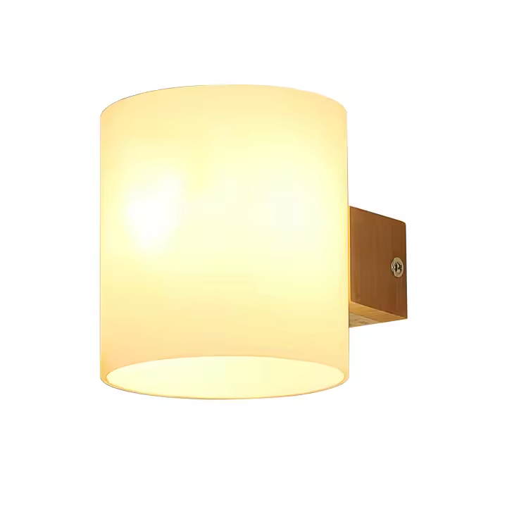 GOECO Aplique de diseño nórdico, madera natural, 16x12x13 cm, cristal cilíndrico, E27, decoración minimalista - 1