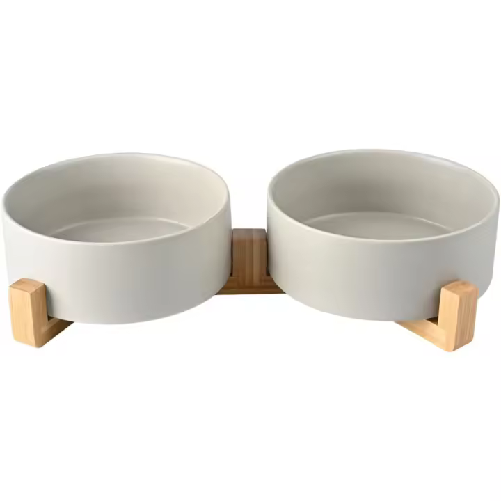 Cuenco Doble de cerámica para Perros con Soporte de bambú para Perros Grandes (1800 ml, Gris x 2) - 1