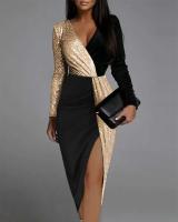 Nuevo vestido de fiesta de cintura alta elegante negro dorado lentejuelas empalme manga larga baile de graduación vestidos de mujer divididos - details 0