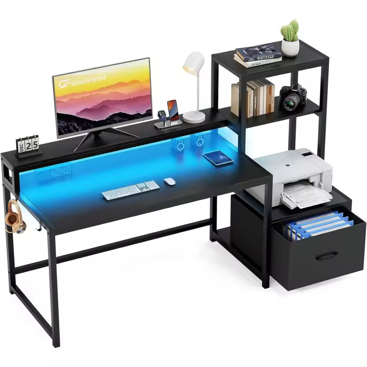 Impresora de Escritorio Doméstica Reversible de 175cm con Luces LED Estantes para Juegos y Trabajo para el Hogar Negro - 1