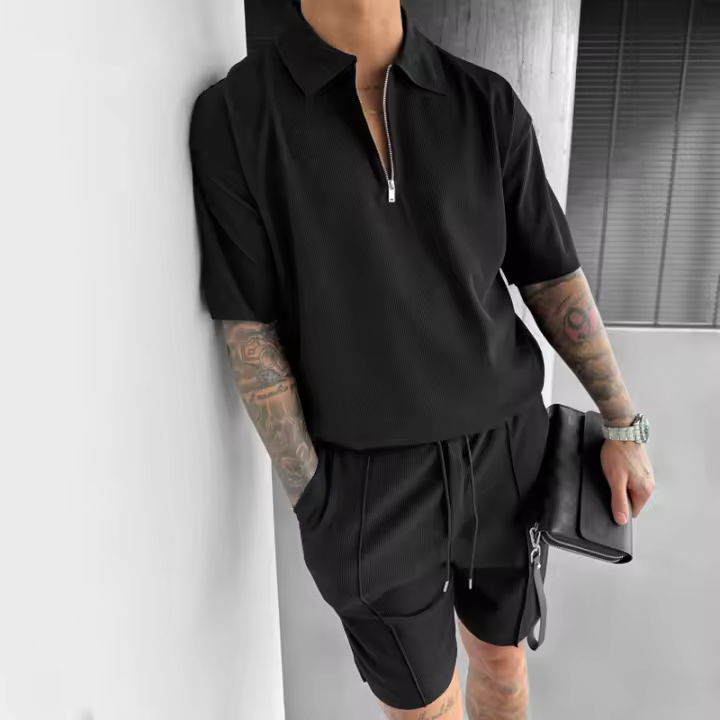 Verano 2025 de los hombres de Europa y Estados Unidos, nuevo polo casual con cremallera, pantalones cortos con cordón, traje de hombre. - 1