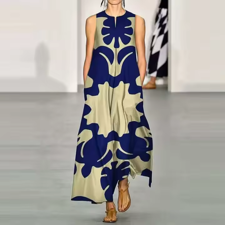 Vestido de Noche Tipo Túnica Sin Mangas con Cuello Redondo Vestido Sexy con Borla Acampanada para Mujer, Vestidos Largos Bohemios con Estampado Floral de Verano - 1