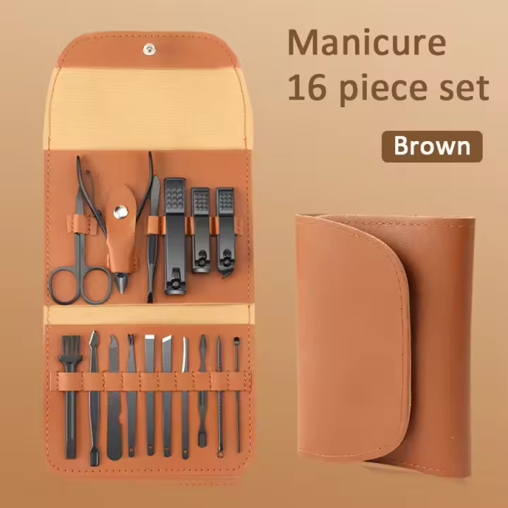 Juego de manicura 16 en 1, kit profesional de funciones completas, juegos de pedicura de acero inoxidable con estuche portátil de cuero, Idea de regalo - 1