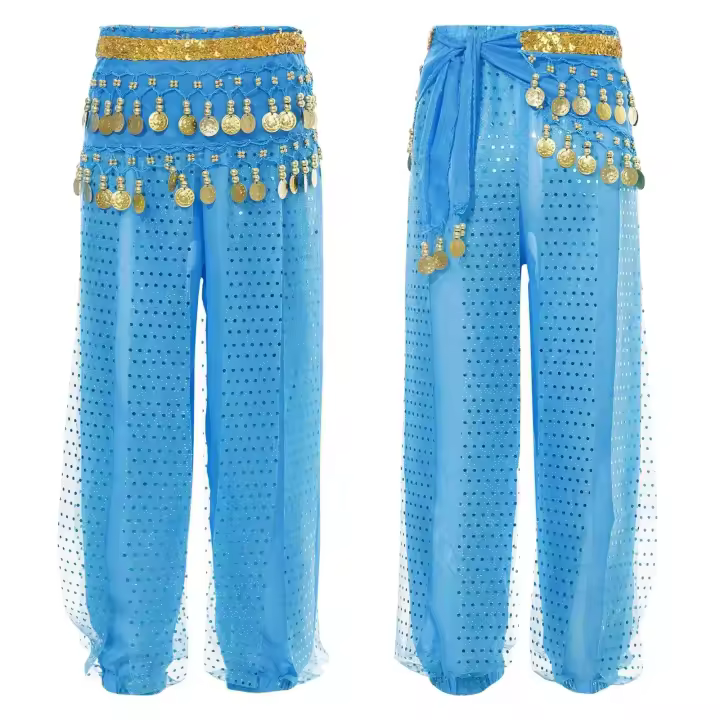 Harem de danza del vientre oriental para mujeres y niñas, gasa con lentejuelas de lunares, pantalones árabes brillantes para Halloween y carnaval - 1