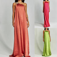 Vestido largo informal holgado de satén asimétrico con hombros descubiertos, estilo europeo y americano, nueva colección primavera-verano 2025, ideal para vacaciones. - details 0