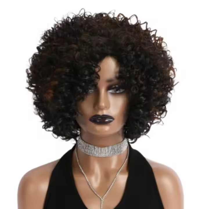 Pelucas sintéticas cortas y rizadas de moda, negras, con flequillo, cabello afro rizado, natural, de 12 pulgadas, para mujer, estilo bob. - 1