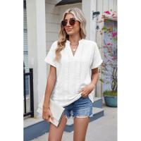 BUNO-2025 Blusas informales para mujer, camisas holgadas de manga corta con cuello de pico de Jacquard bordado a la moda, Tops elegantes de colores sólidos para verano - details 40