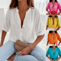 Verano Color Sólido, Cuello En V Levantado, Mangas Cortas, Botones, Camisa Casual, Blusa De Media Alfombra para Mujer Con Corte 3D - details 16