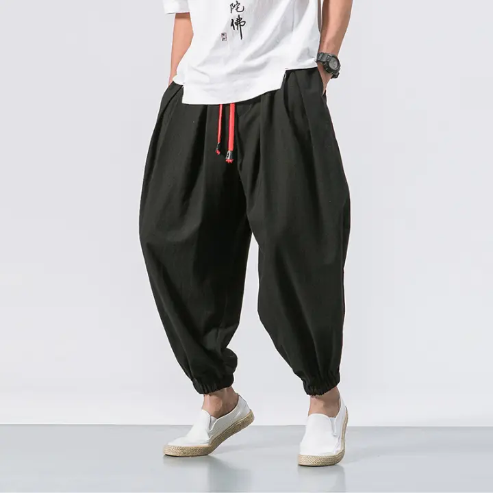 Pantalones bombachos holgados de gran tamaño para hombre, pantalón informal, estilo chino, seda de hielo, algodón y lino, a la moda, 2025 - 1