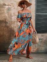 Ropa de mujer, novedad de verano 2025, vestido estampado con un cuello para vacaciones, falda larga con abertura ceñida en la cintura para mujer - details 4