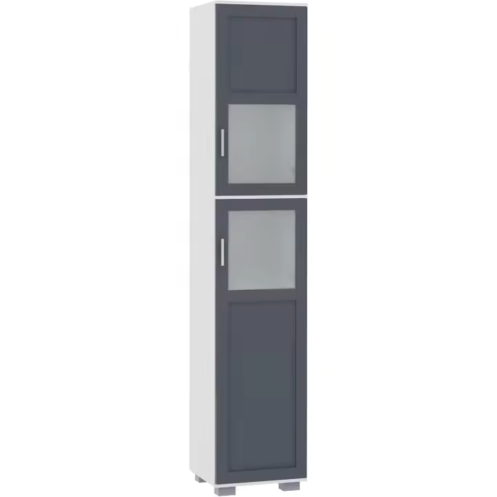 Armario alto de baño, mueble columna de baño con 2 puertas de vidrio templado y estantes ajustables 37x35x190 cm blanco y gris - 1