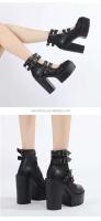 Dropshipping logo otoño nuevo artículo negro estilo gótico tacones altos gruesos zapatos de mujer hebilla de metal cinturón botas de suela gruesa - details 2