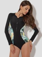 Traje de baño de una pieza con estampado de hojas florales en la cintura, traje de buceo con cremallera de manga larga - details 2