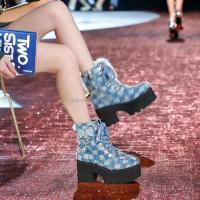Dropshipping logo moda denim tacón grueso mujeres, botines con cordones de talla grande para mujer - details 3