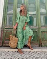 Vestido largo bohemio de verano con manga abombada para mujer, ropa elegante informal con cordón Floral y cuello en V holgado - details 5