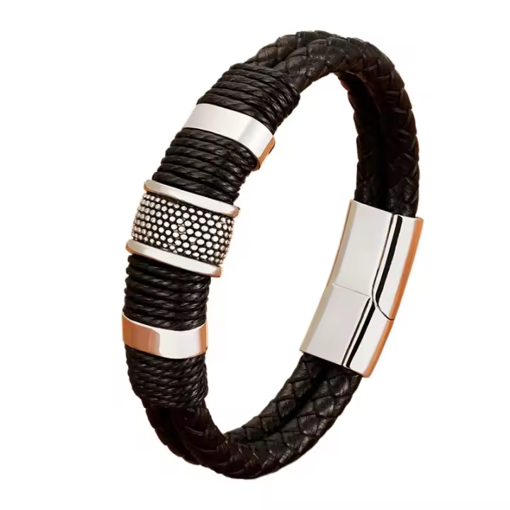 Pulseras envolventes de cuerda de cuero tejidas Vintage para hombres, brazaletes clásicos de acero inoxidable, pulseras Punk, joyería, regalos masculinos - 1