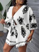 Mono de talla grande para mujer, moda informal, manga acampanada, cuello en v, vestido estampado - details 4