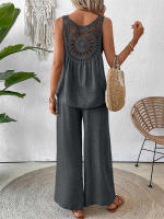 Chaleco informal de dos piezas con encaje calado de Color sólido para primavera y verano para mujer, pantalones largos de pierna ancha - details 15